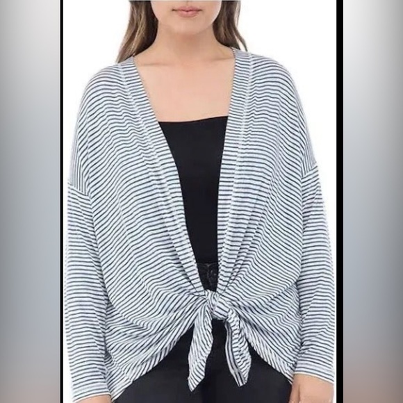 NWT Bobeau Striped Cardigan with Front Tie Blue & White Stripes 1X - Picture 2 of 8
